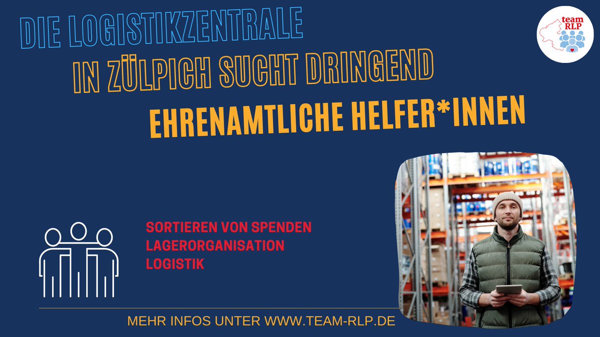 teamrlp2020's tweet photo. Die #Hilfsbereitschaft im #Hochwassergebiet ist groß. Der Wiederaufbau braucht viele helfende Hände. Das Logistikzentrum in #Zülpich sucht dringend #ehrenamtliche Unterstützung beim Sortieren und Organisieren von Sachspenden. Erfahre mehr unter https://t.co/WjWmkPqLYv https://t.co/ndysW0zLV2