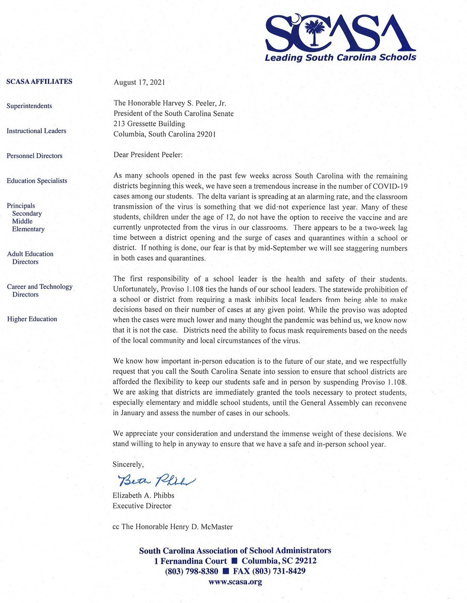 Today, we hand delivered letters to President Peeler and Speaker Lucas requesting that they call their chambers into session to suspend Proviso 1.108. 
 
Suspending the prohibition on mask requirements enables school leaders to make decisions based on their local circumstances.
