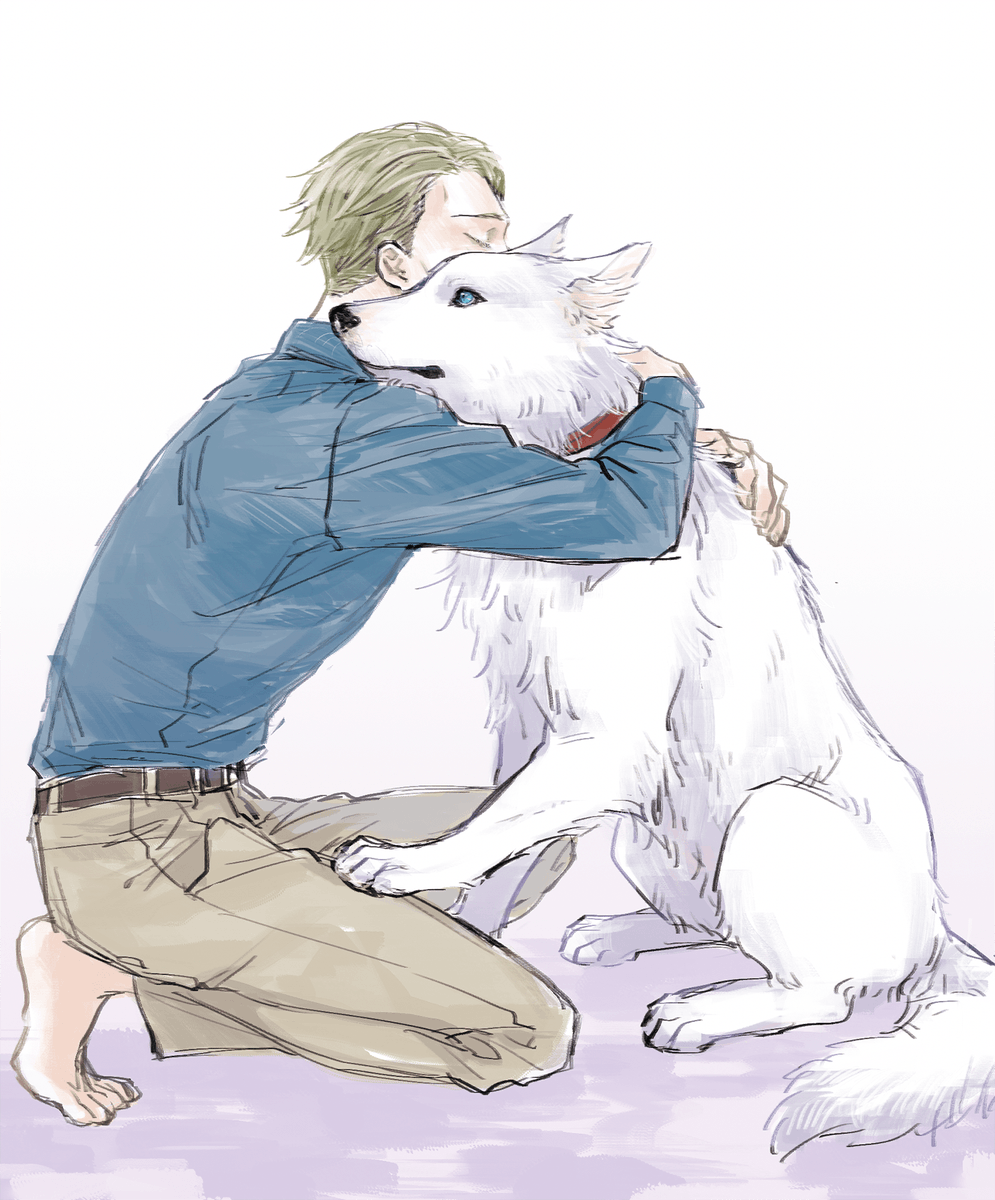 cascooot's tweet photo. 青木さんの犬さとる高まりすぎて三次創作してしまいました　許可もらったので載っける・・・白くてでっかい青い目のいぬよ・・・いぬ〜〜〜〜〜〜〜〜 https://t.co/XclCQVD9MY
