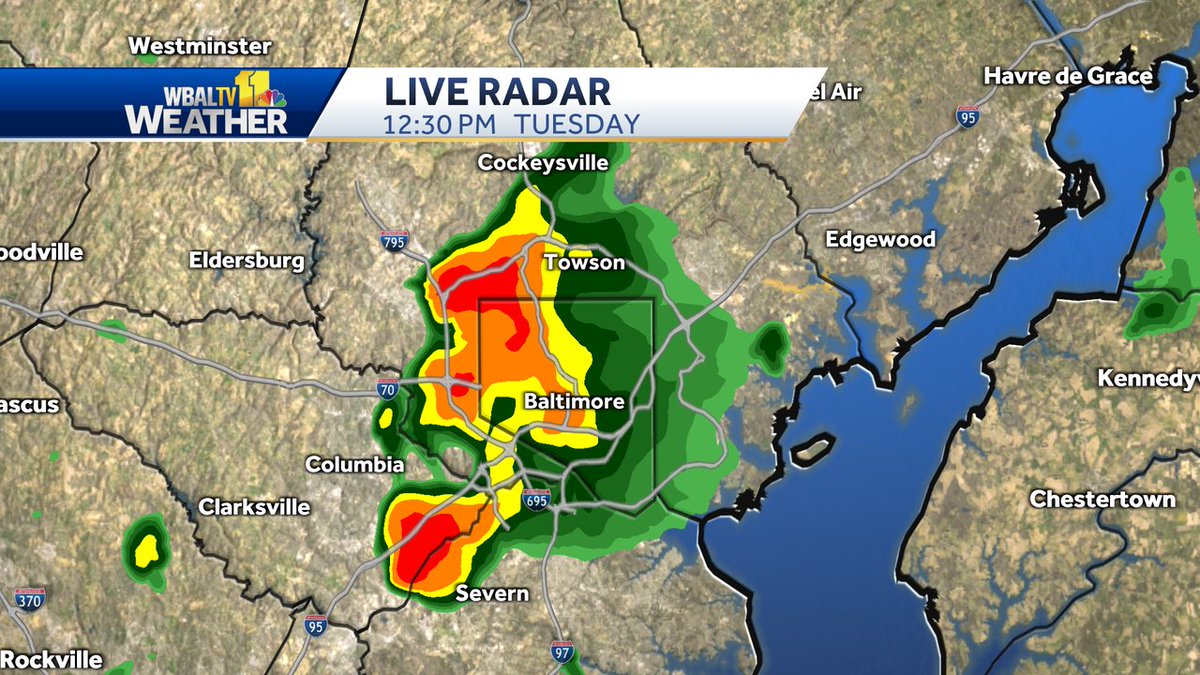 Radar Update: Heavy rain is likely across parts of 83 and 695 through 1:30 PM. Driving will be slow around the Baltimore Metro. #MdWx