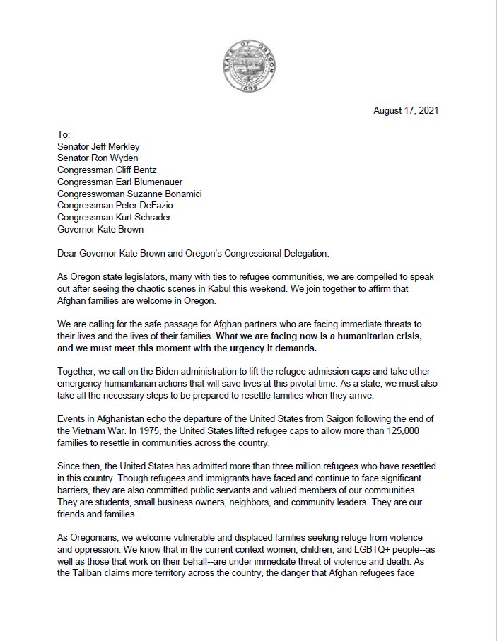 Letter - Oregon Welcomes Refugees from Afghanistan. Dated August 17, 2021. Written by Oregon legislators Rep. Khanh Pham & Sen. Kayse Jama