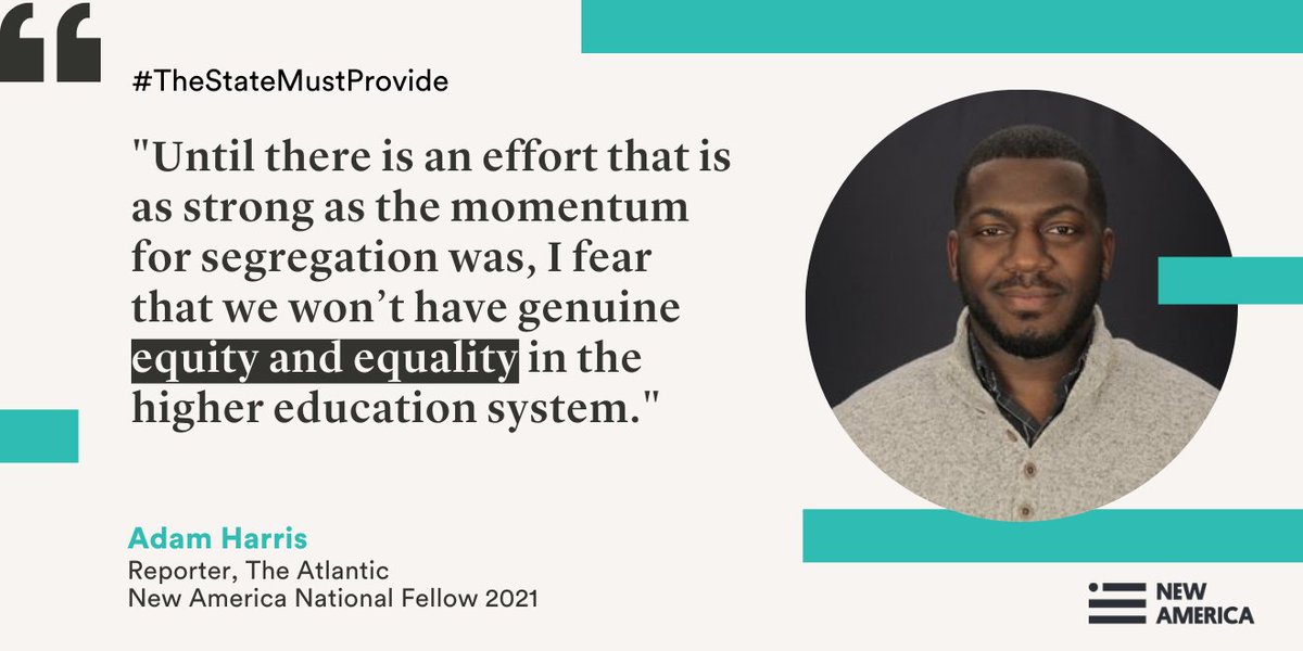 NewAmericaEd's tweet photo. So what needs to happen?

"Until there is an effort that is as strong as the momentum for segregation was, I fear that we won’t have genuine equity and equality in the #HigherEd system." 

#TheStateMustProvide https://t.co/DZLhPzOts7