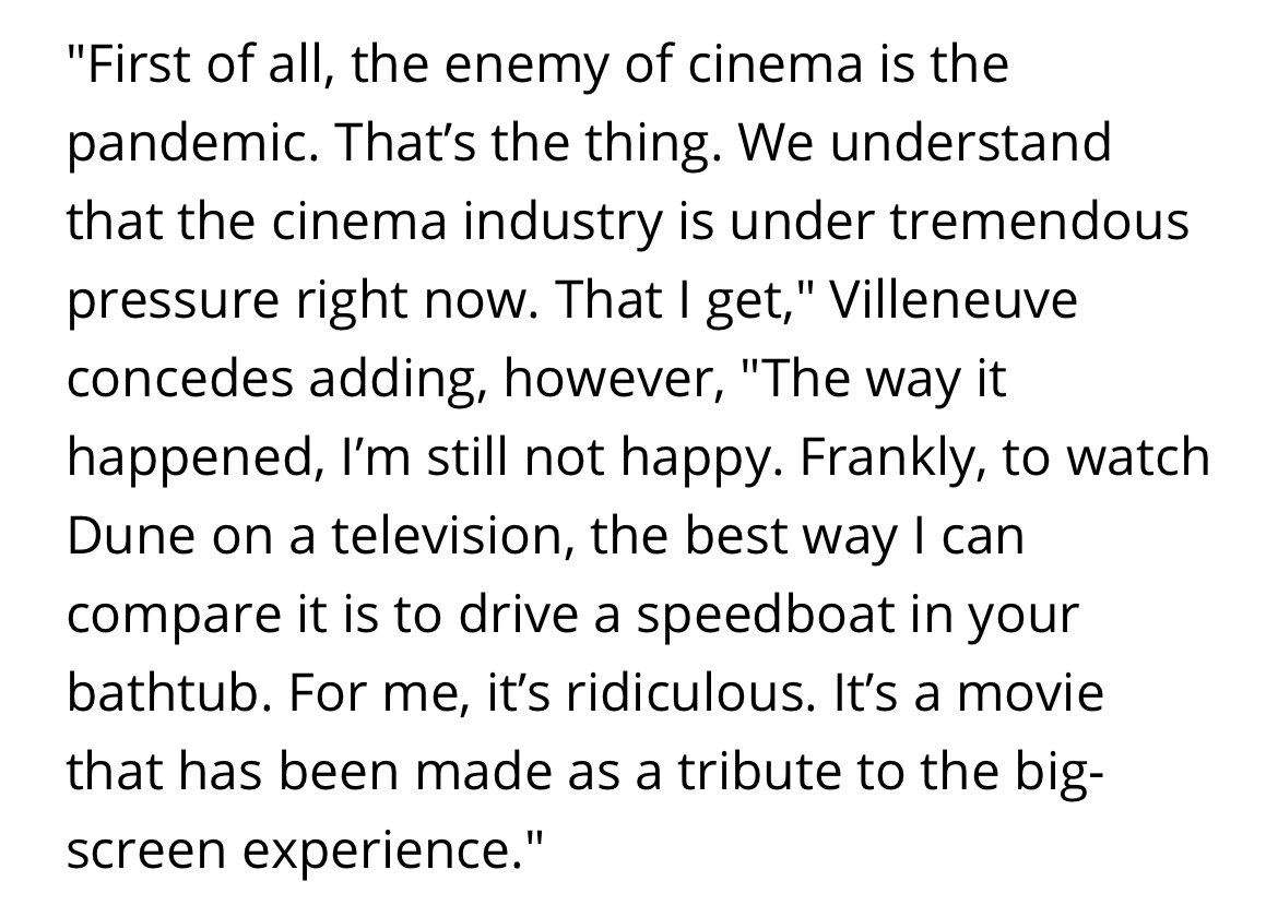 Denis Villeneuve on #Dune debuting on HBO Max: “The enemy of cinema is the pandemic. I understand that the cinema industry is under tremendous pressure. That I get. The way it happened, I’m still not happy. Frankly, to watch Dune on a TV is like driving a speedboat in a bathtub.'