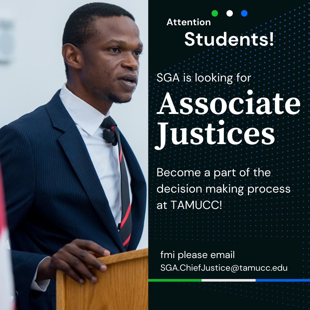 TAMUCC_SGA's tweet photo. Apply to be an Associate Justice today! We hope you take this awesome opportunity to represent the Student Body on campus!
For more information email: SGA.ChiefJustice@tamucc.edu! Go Islanders! 🤙 https://t.co/VlcuBRNHdb