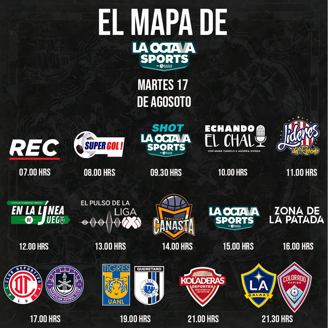 laoctavasports's tweet photo. #ElMapa🗺️

Este es nuestro mapa de hoy, ¿Nos acompañas?👀

✅ @EnLineaDeJuego
✅ Pulso del Verano
✅ La Octava Sports
✅ Zona de La Patada
🇲🇽 @TolucaFC-@MazatlanFC
🇲🇽 @TigresOficial-@Club_Queretaro
✅ @laskoladeras
🇺🇲 @LAGalaxy-@ColoradoRapids

#TeDaMásEmociones https://t.co/jowlpZPkqW