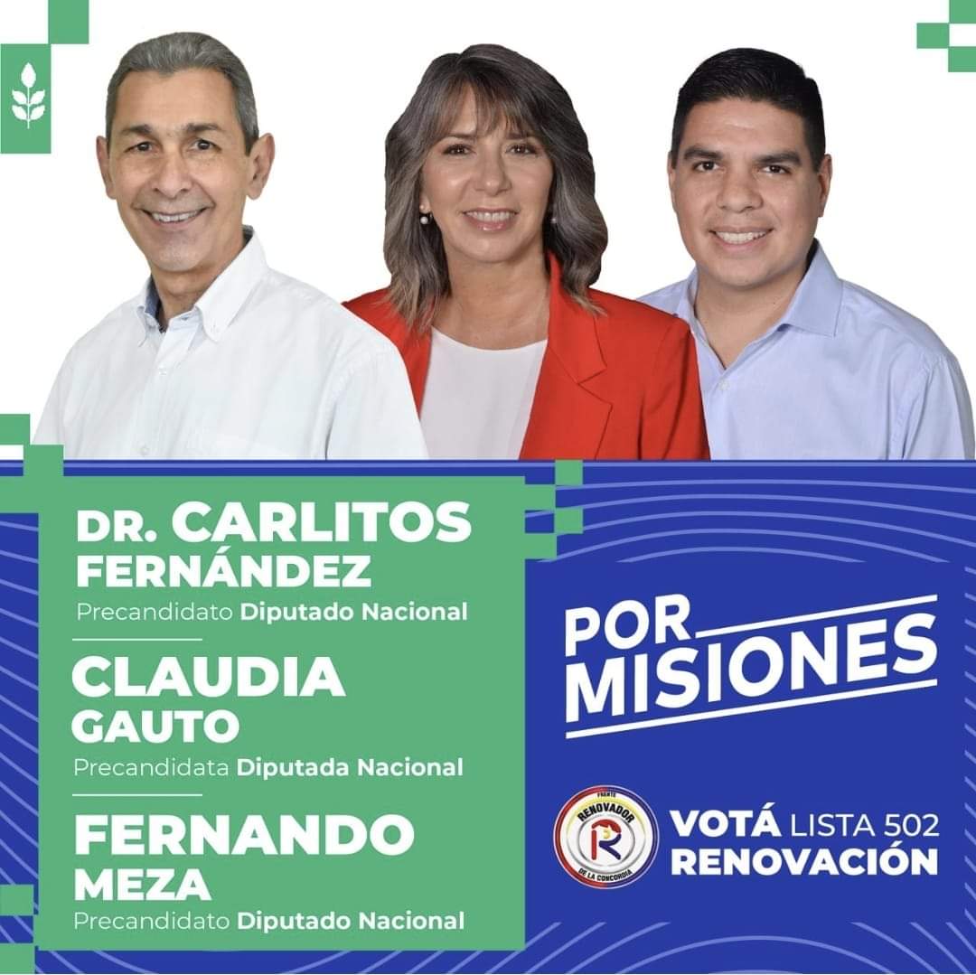 Vota Lista 502
Vota Renovación 
#PorMisiones 
<a href="/RicardoWellbach/">Ricardo Wellbach</a> 
<a href="/herrerayflia/">Oscar Herrera Ahuad</a> 
<a href="/rovira_carlos/">Carlos Rovira</a>