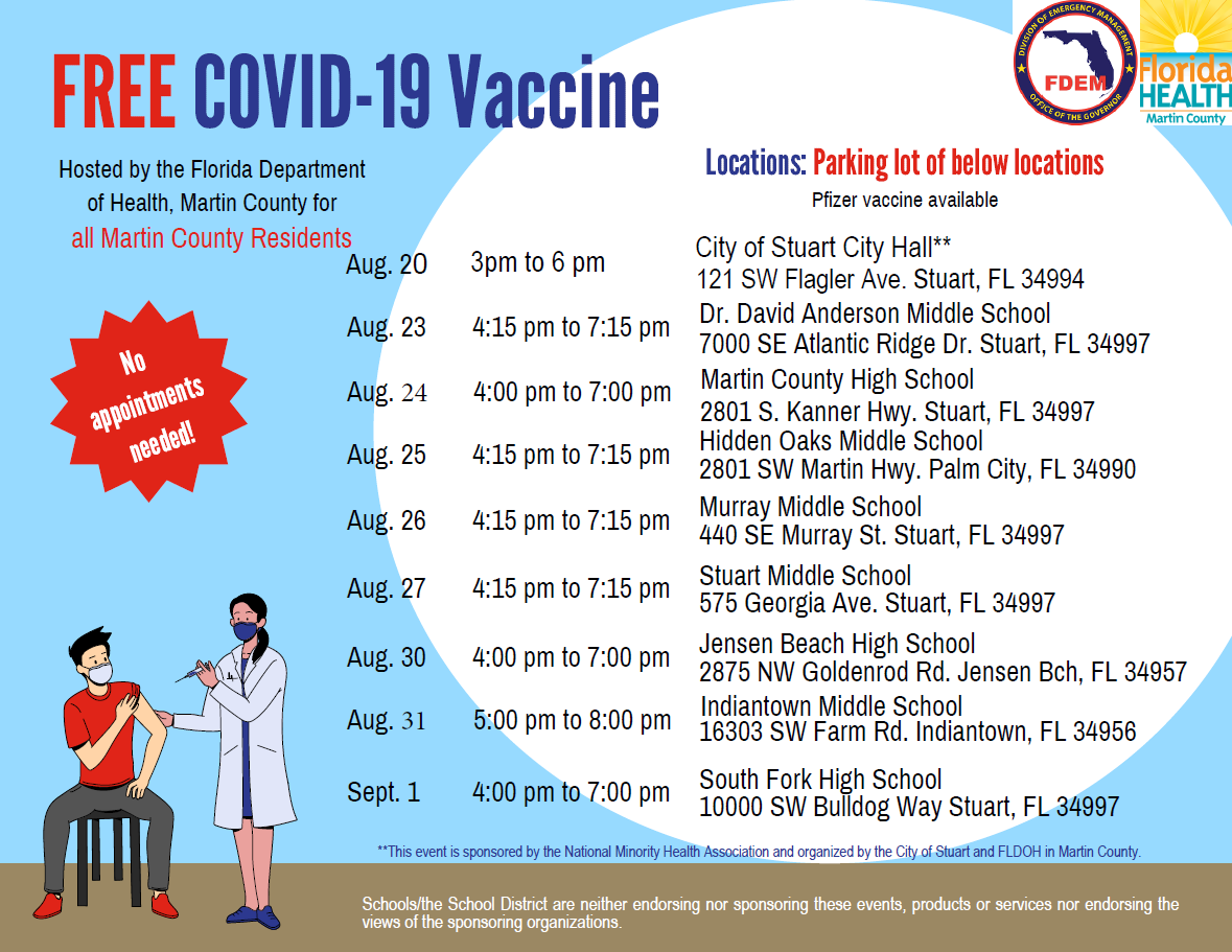 MCSDFlorida's tweet photo. 🔊VACCINATON EVENTS🔊
While vaccinations are voluntary for students &amp; staff, @GoHealthyMartin  encourages individuals aged 12 and up to consider obtaining their COVID-19 vaccine if this recommendation is in alignment with guidance from their health care provider.  
#ALLINMartin👊 https://t.co/NeeBpMCdvs