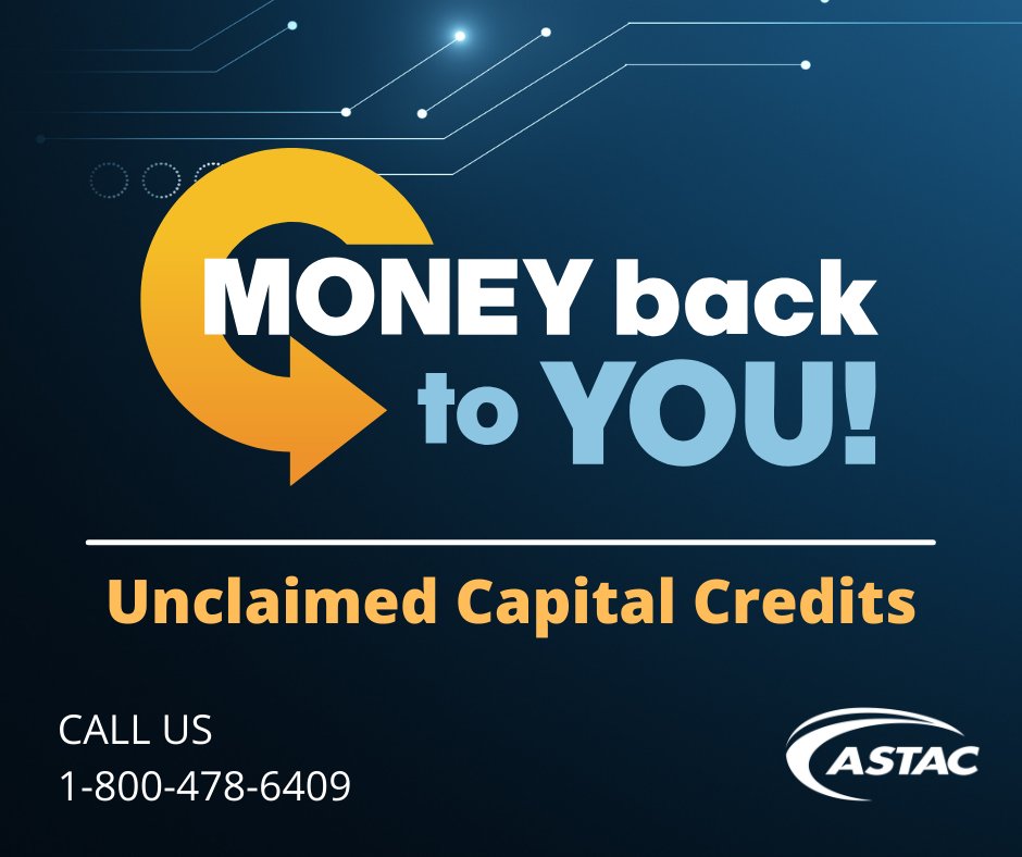 GoASTAC's tweet photo. ⚠️📢Do we owe you money? 📢⚠️Visit our website, at https://t.co/x6JJ4k6fD4 to view the list of ASTAC members who have not claimed their capital credits. If you are on this list, please contact an ASTAC customer experience specialist to arrange delivery of your payment. https://t.co/9jxtosyOKz