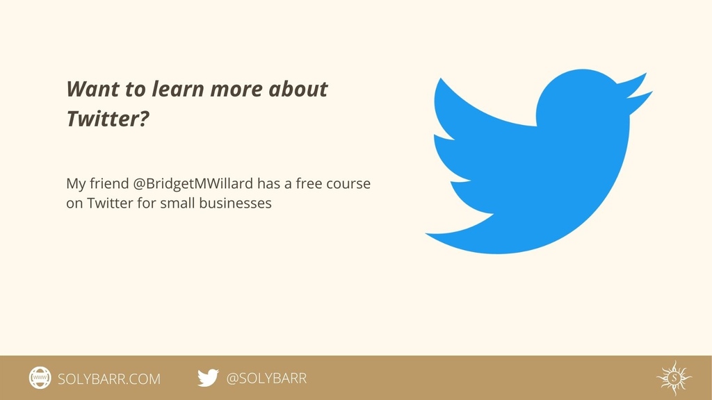 solybarr's tweet photo. Marketing consultant @BridgetMWillard has a free course on Twitter for small business that I’ve been using to get a handle on things here. You can find it at this link
https://t.co/kkdGdR7JDx
#twittercourse #marketingwithtwitter #twitter https://t.co/6O7q4h1ASZ