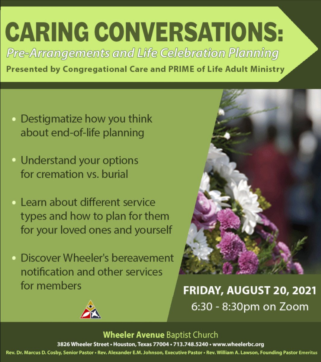 wheelerprime's tweet photo. Remember to register for the Congregational Care &amp; PRIME of Life Adult Ministries’ Final virtual Caring Conversation held Friday, August 20th from 6:30 to 8:30 p.m. on the topic of Pre-Arrangements and Life Celebration Planning. Registration is required at https://t.co/fuBYiNPfzS https://t.co/Tx4bt3vKB6