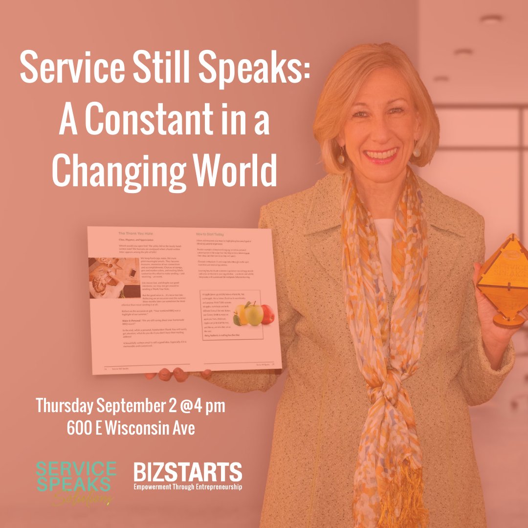 Sign up now for BizStart's Service Still Speaks event on Thursday, September 2 at 4:00PM with Stephanie Leese Emrich, Founder + CEO of ServiceSpeaks Solutions. Click the link below to learn more about the event and register.

 ow.ly/XafY50FS1o6