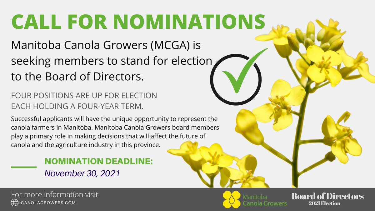ManitobaCanola's tweet photo. 2021 is an election year for the Manitoba Canola Growers! 

Interested in joining our board?  Learn more and find both digital and printable nomination forms here.  
https://t.co/o9ycNnC6Wg 

Nomination Deadline: November 30, 2021 https://t.co/SCw1Q1A8DX