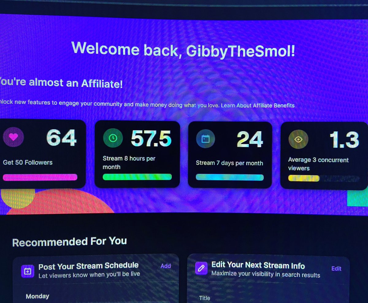 GibbyTheSmol's tweet photo. Started streaming a little over a month ago and I’m appreciating how far I’ve come! Love that I’m met people to network with and become friends! Community in the making! 💜 #TwitchStreamers #twitchtv #SmallStreamerCommunity #SmallStreamersConnect #buildingacommunity https://t.co/oW1YJ0INWQ