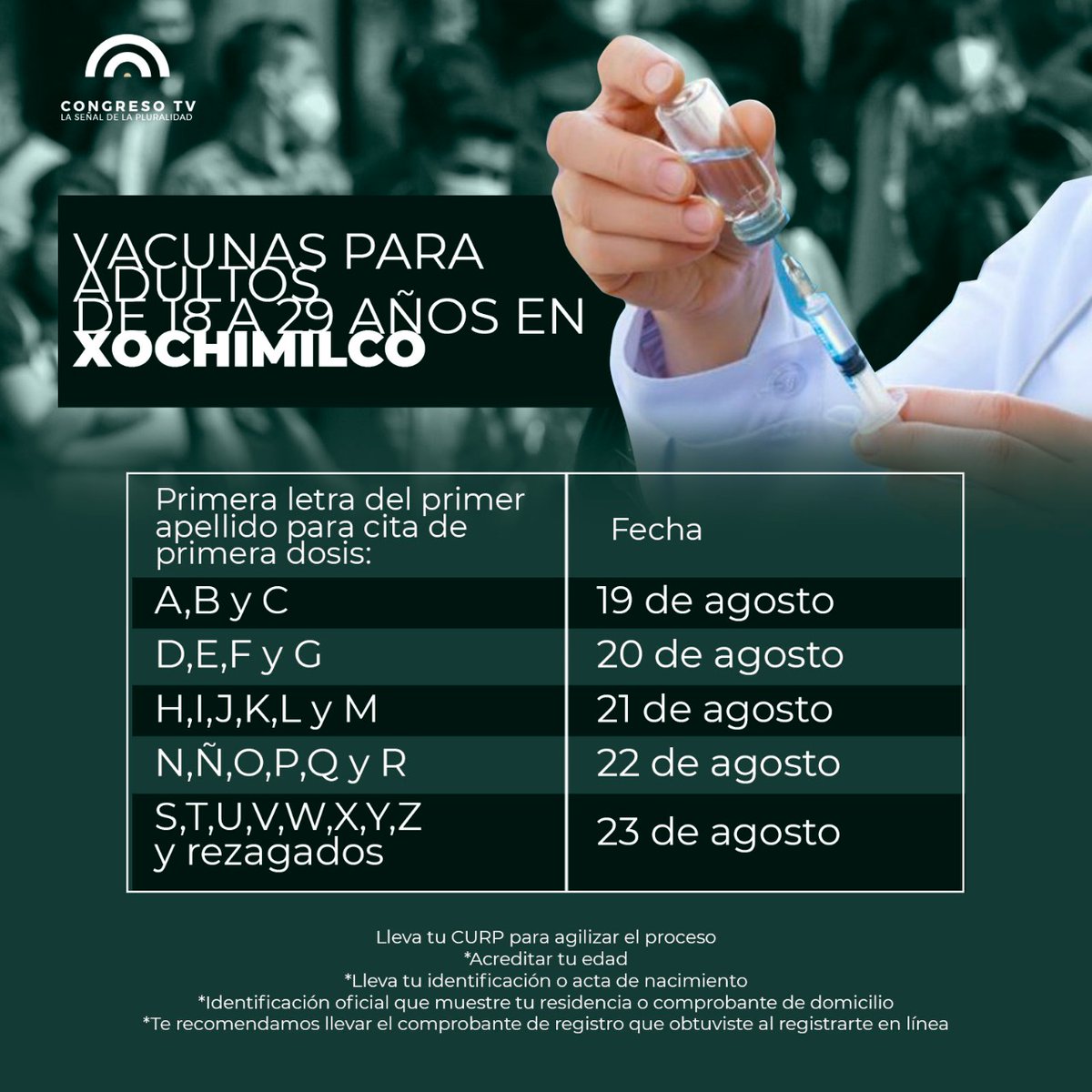 🟢La etapa 25 de vacunación🧑🏽‍⚕️ en la Ciudad de México comienza el próximo jueves con primera dosis para los adultos de 18 a 29 años de edad, residente de la alcaldía <a href="/XochimilcoAl/">Alcaldía Xochimilco</a>.

👉🏽Para más información ingresa a: bit.ly/3jXu4eO