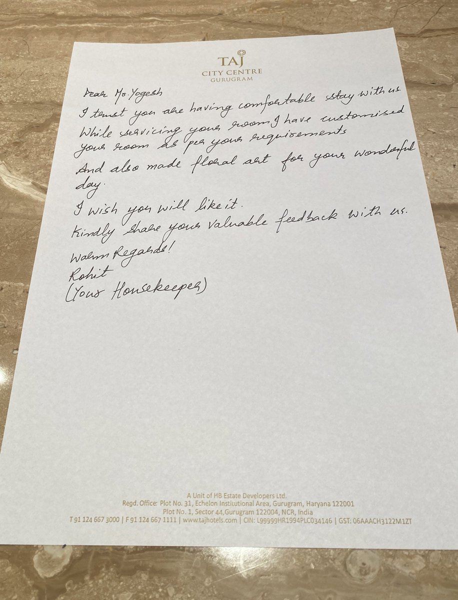 YoGa_Excel_'s tweet photo. Thank you Rohit @tajhotels TAJ CITY CENTRE GURUGRAM, you made my day after a tiring long day. This is very thoughtful and Im loving it. Thanks a ton. https://t.co/rr1kU5y6tX