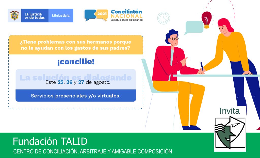 fundatalid's tweet photo. ¿Tiene problemas con vecinos o familiares, disputas por deudas? Aproveche la #ConciliatónNacional 2021 para solucionar este y otros conflictos a través del diálogo y la conciliación. 
 #PongámonosDeAcuerdo
#LaSoluciónEsDialogando https://t.co/0rUuwMcrxP
