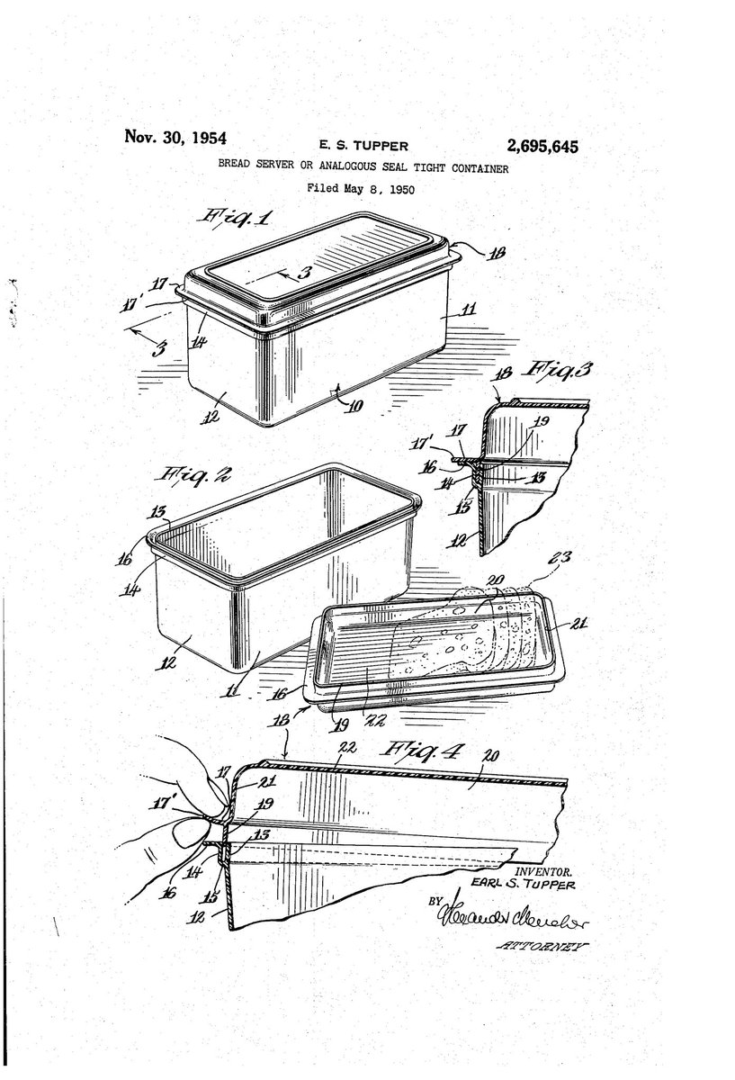 ChewytheSeal's tweet image. BREAD SERVER OR ANALOGOUS SEAL TIGHT CONTAINER - US2695645A
Inventor - Earl S Tupper
Granted in 1954

#TeamSeal #practicalpatent #firstpatent #tupperware 

@ExplodingPossum @JillLum1 @Pixieprogrammer @gypsea1997 @BrazilBonny @chirpykittys @fred7722 @SilentHeadbang1