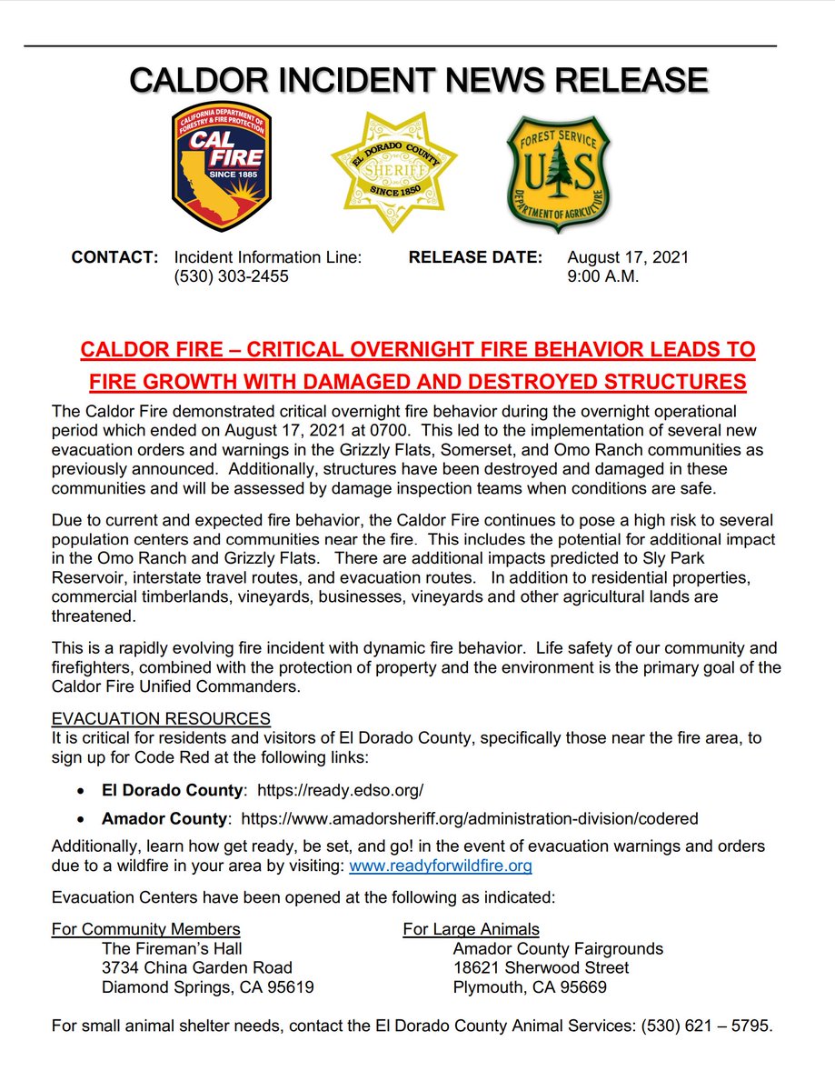 CALFIREAEU's tweet photo. Updated Release: 
CALDOR FIRE – CRITICAL OVERNIGHT FIRE BEHAVIOR LEADS TO FIRE GROWTH WITH DAMAGED AND DESTROYED STRUCTURES
The Caldor Fire demonstrated critical overnight fire behavior during the overnight operational period which ended on August 17, 2021 at 0700. #caldorfire https://t.co/8xWCM9JEL8