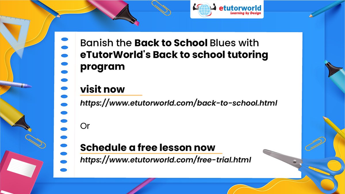 etutorworld's tweet image. Banish the Back to School Blues with eTutorWorld&apos;s  Back to school tutoring program
visit now&amp;gt;&amp;gt; zcu.io/PNc1
Or
Schedule a free lesson now&amp;gt;&amp;gt; zcu.io/xrpO

#backtoschool #falltutoring #backtoschoolprogram #onlinetutoring