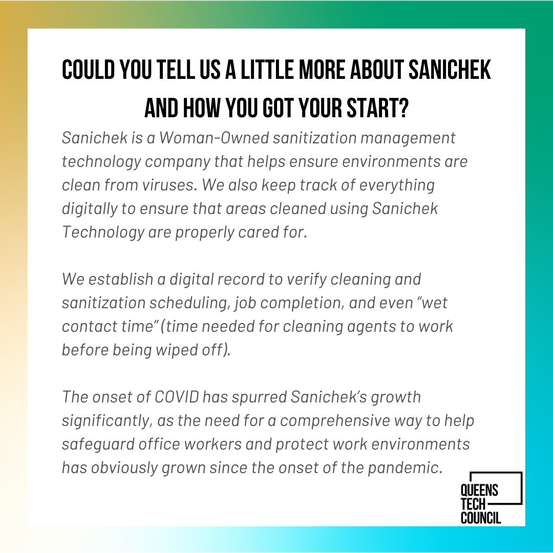 QueensChamber's tweet image. For this week’s #QueensTechCorner, we spoke with Nadine Cino, CEO of @sanichekny, a Queens-based sanitation technology start-up that has been working harder than ever during the pandemic to keep New Yorkers safe.

#QueensTechCorner #QueensTech #TechInQueens