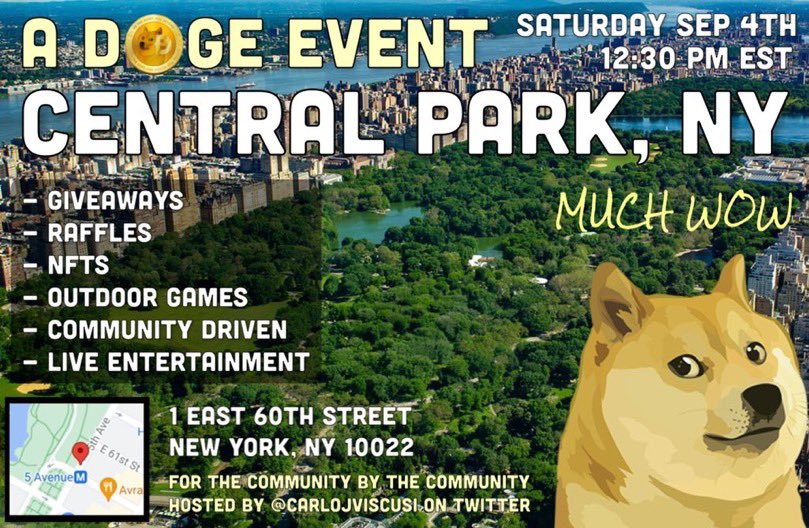 viscusi_j's tweet photo. I am hosting a @dogecoin pop up event in @CentralParkNYC on Saturday September 4th,2021 NYC!🗽

I hope to continue sharing the #Dogecoin message. Feel free to come by &amp; have some fun! 

I’ll be doing giveaways, raffles, NFTs and more. Come say Hi if you’re in the New York area! https://t.co/x6TxP5G9my