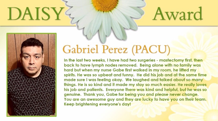 Jenise Rice (@jeniserice79) on Twitter photo Congratulations to Dwayne Brown RN Main PACU, Leena Mathew RN ASC PACU, and Gabriel Perez RN ASC PACU/ICU on their Daisy Award~the written nominations by patients for these nurses demonstrates their caring and compassion nature. #periopnursing <a href="/epninan/">Elizabeth Priya Ninan</a> <a href="/clemensmd/">Mark Clemens MD MBA FACS</a> Congratulations to Dwayne Brown RN Main PACU, Leena Mathew RN ASC PACU, and Gabriel Perez RN ASC PACU/ICU on their Daisy Award~the written nominations by patients for these nurses demonstrates their caring and compassion nature. #periopnursing <a href="/epninan/">Elizabeth Priya Ninan</a> <a href="/clemensmd/">Mark Clemens MD MBA FACS</a>