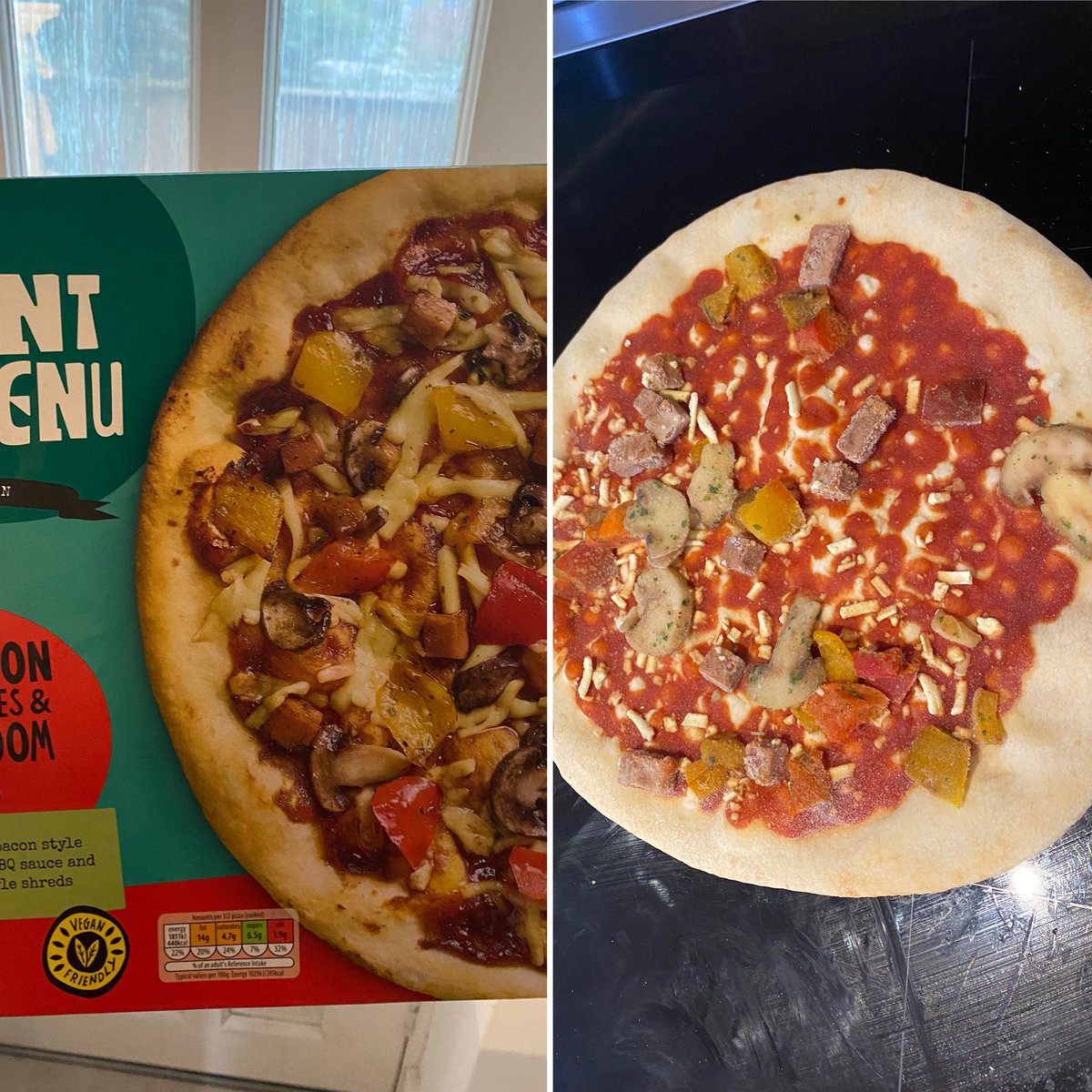 EllBee90's tweet photo. Expectation vs Reality. So disappointed, don’t bother with the @AldiUK Plant Menu BBQ pizza. Deffo tomato sauce and no toppings. #aldi #plantmenu #shitpizza #pizza #falseadvertising #dontbother #veganpizza #nope https://t.co/7WKLXb03QG