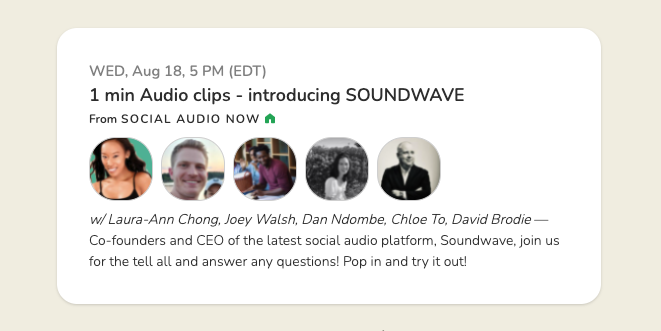 joinsoundwave's tweet photo. Want to meet the founders of #SoundwaveApp and talk all things #SocialAudio? Join us on #Clubhouse tomorrow at 5pm EDT for a chat with all three founders: Chloe, Dan, and Joseph!! Chat hosted by @SocialAudioNow! https://t.co/Qhbjny7Gy0