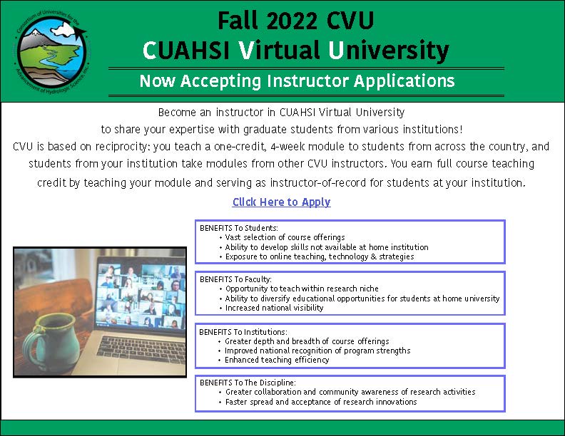 Now accepting applications for Fall 2022 CUAHSI Virtual University faculty instructors! Many benefits for faculty, students, institutions and for the discipline. More details here - cuahsi.org/education/cuah…