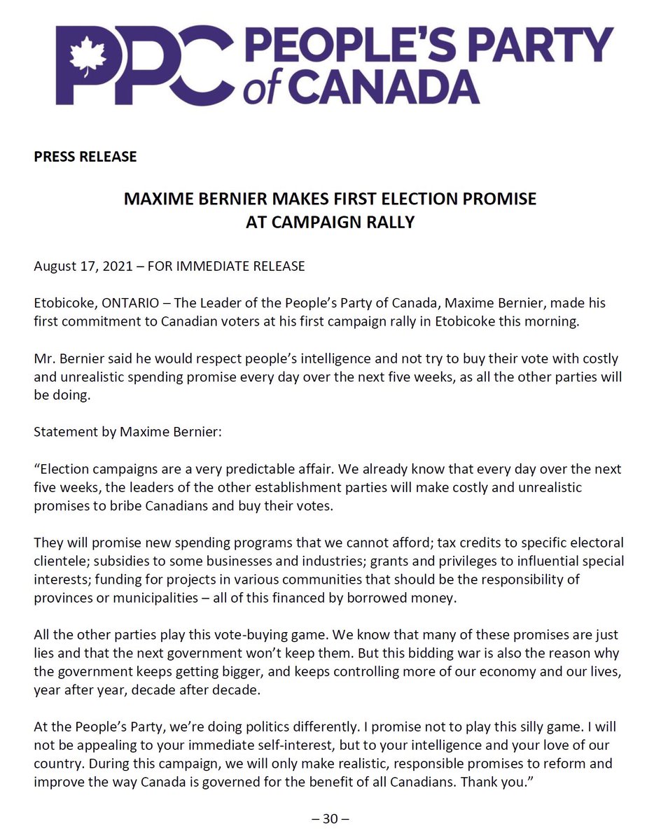 PRESS RELEASE 

Maxime Bernier makes first election promise at campaign rally in Etobicoke