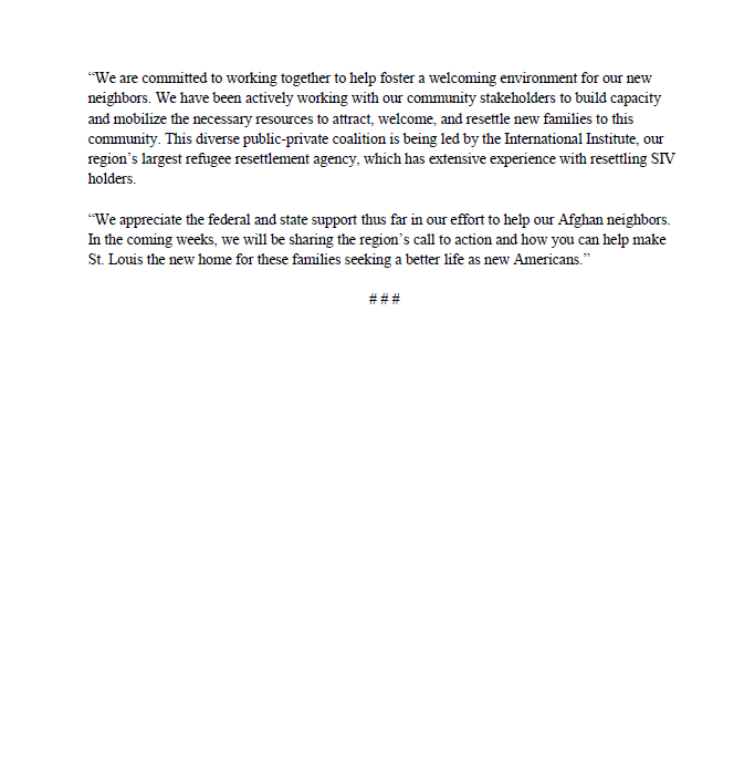 JustinaRhines's tweet photo. JUST IN: @saintlouismayor and @DrSamPage issued a joint statement welcoming #Afghan citizens to the St. Louis region. In the statement it says, they are ready to welcome atleast 1,000 Afghan citizens through the Special Immigrant Visa program. @ksdknews https://t.co/fa6mnEFzV7