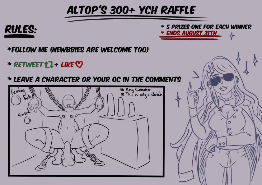 Altop_Ilus's tweet photo. ✨✨✨Welcome to the Altop's YCH Raffle to celebrate 300+ ✨✨✨
just follow the rules to participed and remember leave the character in the comments also I give you some examples or other draws 
*Ends August 31th*
#SmutNetwork #Art #Raffle #NSFW https://t.co/4WvlsWsm0j