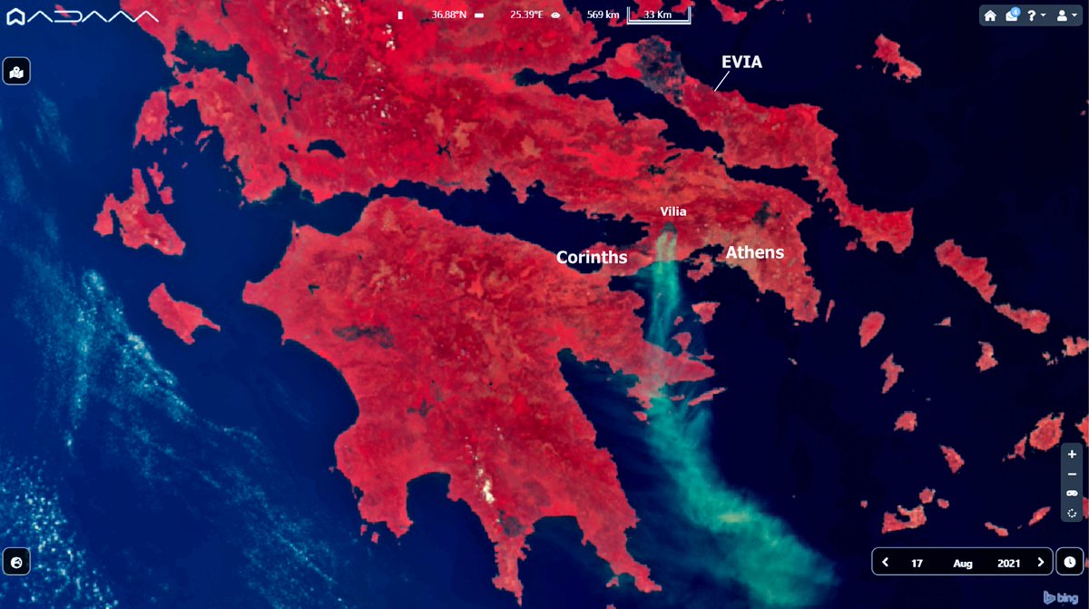 Old and new fires in #Greece. This #Copernicus #Sentinel3 false colour NIR captured today, August 17, shows the big plume of smoke from #Vilia and the burned area from the #EVIA #Wildfires. #greecefires #Attica #ClimateEmergency #φωτιες #Πυρκαγια <a href="/WMO/">World Meteorological Organization</a> <a href="/ElenaBec/">Elena Becatoros</a>