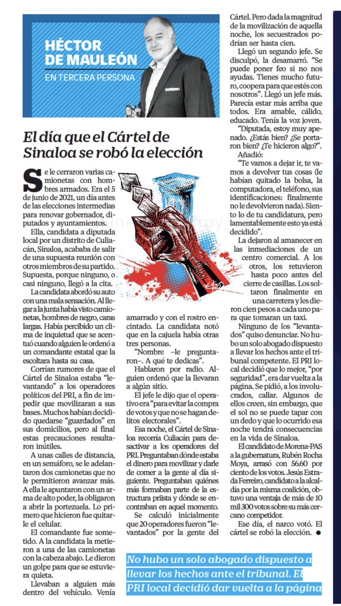 hjvillarreal's tweet photo. Se “portaron bien”… Sobre la elección en Sinaloa @hdemauleon en @El_Universal_Mx 👇🏼 https://t.co/MyGLDqTC0l