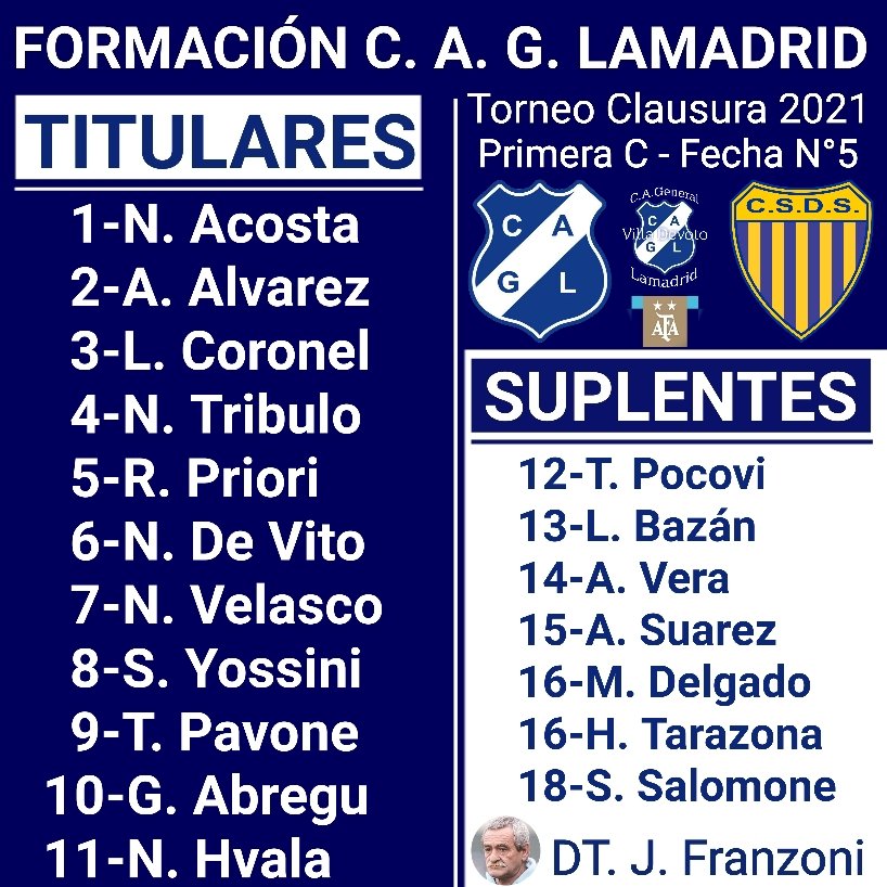 cgrallamadrid's tweet photo. #PRIMERADIVISIÓN
Así formará Lamadrid esta tarde, en su encuentro frente a Dock Sud, por la quinta fecha del Torneo Clausura 2021 de la Primera C.
#formación
#fecha5
#torneoclausura2021
#afa
#primerc
#lamadrid
#villadevoto
#devoto https://t.co/WaBw807ue9