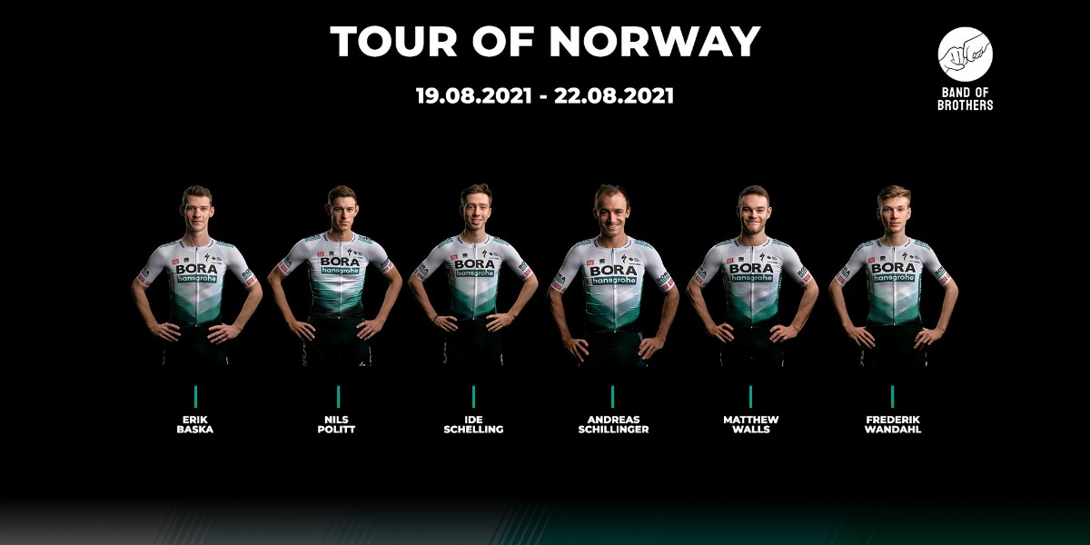 Off to the @tourofnorway  🇳🇴 Here is our team: 🇸🇰 Erik Baska 🇩🇪 Nils Politt 🇳🇱 Ide Schelling 🇩🇪 Andreas Schillinger 🇬🇧 Matthew Walls 🇩🇰 Frederik Wandahl #TON2021 #BORAhansgrohe #BandOfBrothers