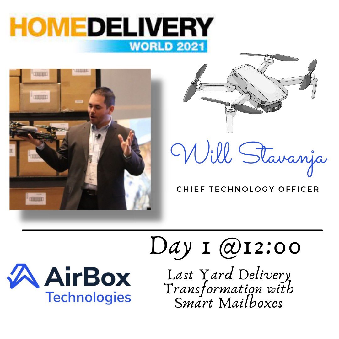 AirBoxTech's tweet photo. AirBox Technologies is headed to Philadelphia for Home Delivery World 2021 🚀
Our CEO Brandon Pargoe &amp; CTO Will Stavanja will be speaking at the event on 1st Sept @12pm about Last Yard Delivery Transformation using Smart Mailboxes.

Secure Deliveries Anytime, Anywhere! https://t.co/7vUG5QnwcH