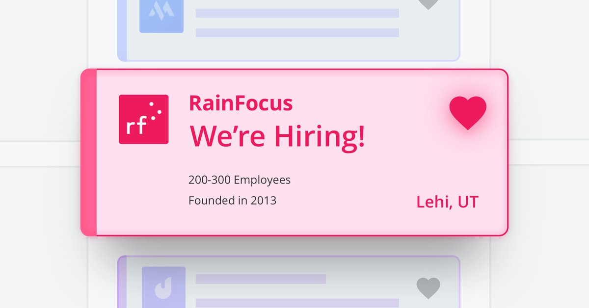 RainFocus's tweet photo. RainFocus is hiring in every department! No matter what your skillset, find a job in events technology that you'll love at RainFocus. See open positions at https://t.co/wNYUJWVSCi #hiringremotely #utahjobs https://t.co/Cnk5ZbwLHY