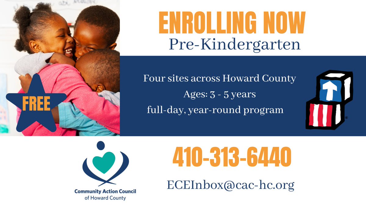 HoCoCAC's tweet photo. 📚🖍WE ARE ENROLLING across our four early childhood education sites that offer Pre-K and Head Start programming. Don't delay though, classes are filling fast for the fall. Contact us: 410-313-6440, ECEInbox@cac-hc.org.
#HoCoHeadStart #HeadStartWorks #brightlittleminds https://t.co/KT222kAOEx