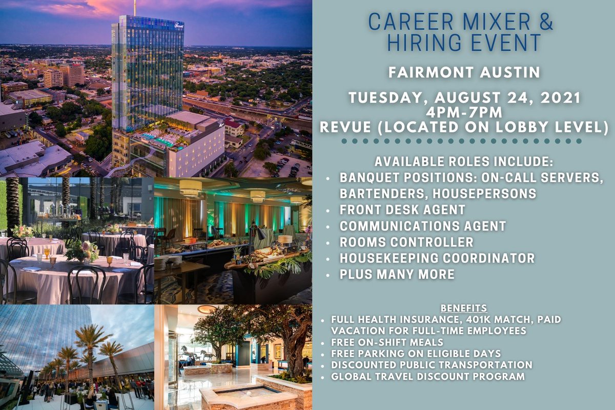 We're hiring! Stop by our Career Mixer on Tuesday, August 24 from 2-7pm! Or apply online fairmontaustin.com/career #hiring #austinjobs #hoteljobs