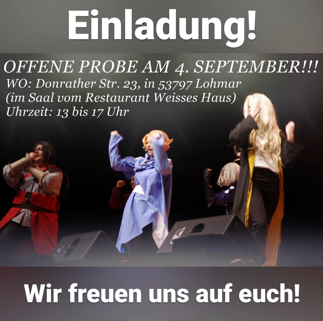 Hallo ihr lieben,

nach langer Zeit können wir uns endlich wieder zur einem Training in unserem Proberaum treffen!
Wir freuen uns schon alle sehr darauf, und da wir immer noch neue Leute suchen, würden wir euch gerne an diesem Tag zu uns einladen! 
(mehr Infos auf FB oder Insta)