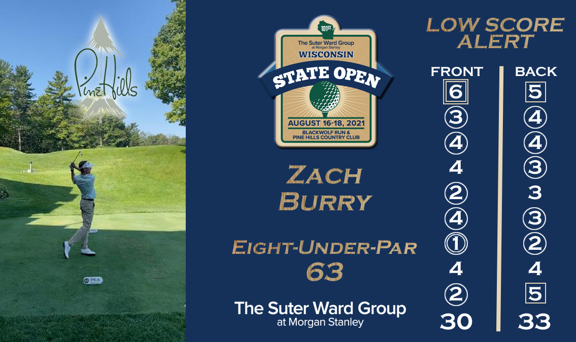 WisconsinPGA's tweet photo. A couple of great rounds of golf over @PinehillsCCWI. Zach Burry enters the mix with an 8-under-par 63, which included his ace on no. 7. George Kneiser makes a nice move with a 5-under-par 66, which featured five birdies and an eagle. #WIStateOpen  @TheSuterWardMS https://t.co/CDxOHofINA
