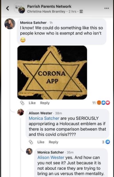 leahcole's tweet photo. In response to this temporary mandate, Commissioner Satcher's wife suggests our children wear Holocaust symbol. https://t.co/5Ph7C42m40