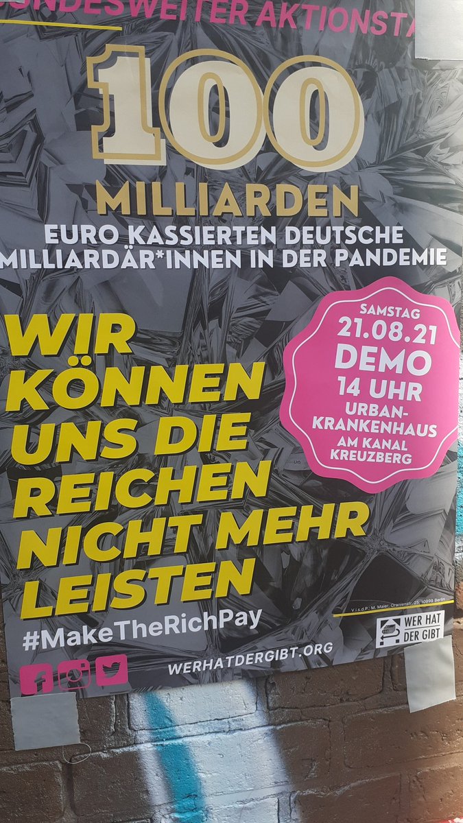 Die reichsten Deutschen konnten während #Corona ihr Vermögen um satte 100 Mrd. steigern. Dass ist nicht länger hinnehmbar und fordern eine nachhaltige, langfristige #UMVERTEILUNG und #Vergesellschaftung von großen Vermögen! 
Deshalb am #b2108/ 14:00 zur Demo/ #Berlin 
#btw21
