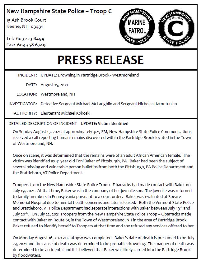 NH_StatePolice's tweet photo. UPDATE: Drowning in Patridge Brook - Westmoreland
#NHSP #TroopC #MarinePatrol #PressRelease https://t.co/5cITGwtynJ