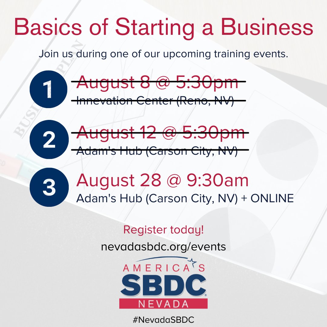 NevadaSBDC's tweet photo. Learn the basics of getting your #smallbiz off the ground during our FREE ‘Basics of Starting a Business’ workshops, in partnership with our friends @SCOREMentors.

Sign up for our upcoming workshop today at https://t.co/UGzoNY5II0. https://t.co/GVOGYtx1L5