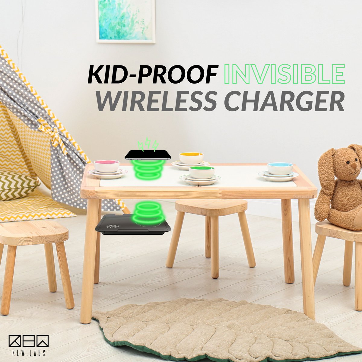 kew_labs's tweet photo. No more broken charging docks with our UTS-1 Invisible Wireless Charger. ​With Foreign Object Detection, it's safe for kids' activities areas to keep their devices charged and give you peace of mind with fewer cords! https://t.co/IBn70dKh0C