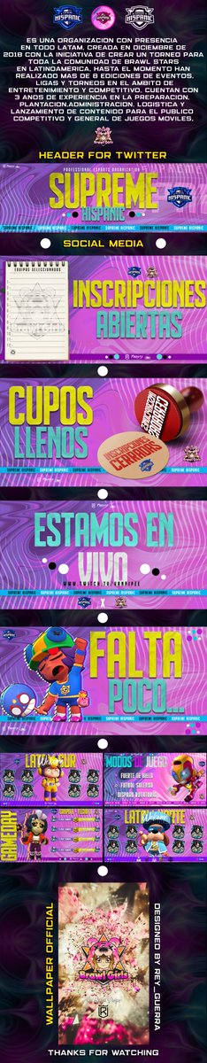 Llego la hora de Publicar en mi portafolio que hace mucho no lo hago. Aca les dejo mi trabajo para <a href="/SupremeH_GG/">Supreme Hispanic 🏆</a>  y la Brawl Girl League!  Hace click para ver la imagen completa o aqui 👇 

behance.net/gallery/124710…

Devoluciones son agradecidas ❤️ o 🔃