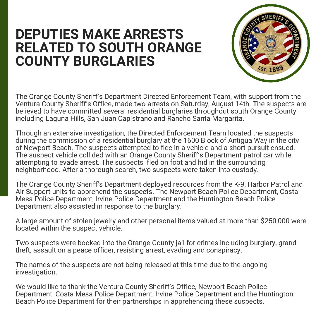 OCSheriff's tweet photo. Deputies have made arrests related to the South Orange County burglaries. Please see our full statement below: https://t.co/8DwodXpD8j