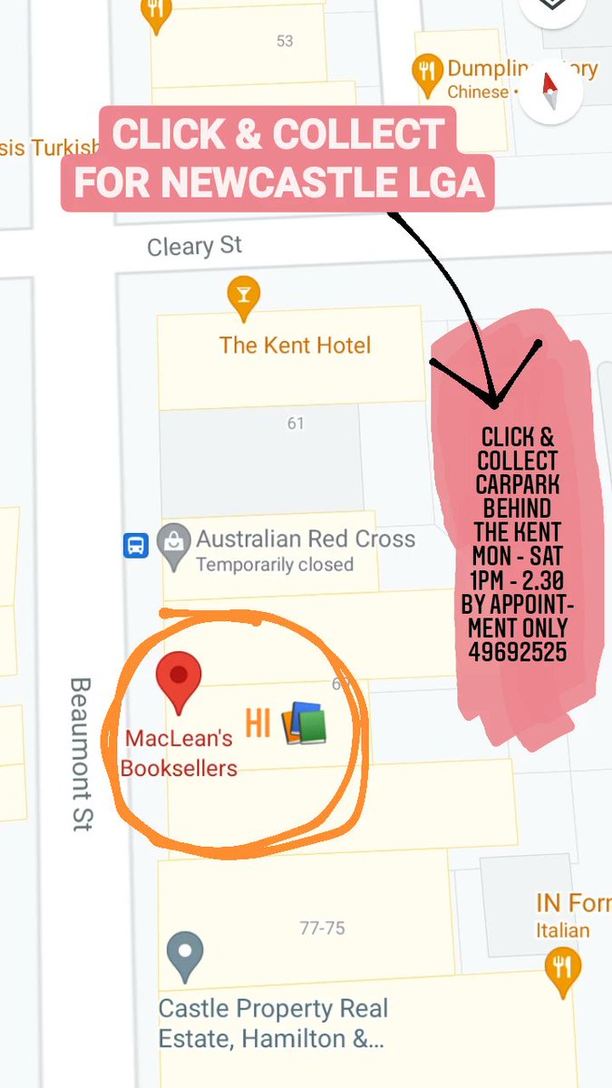We're excited to offer CLICK &amp; COLLECT for people in the Newcastle LGA!
*Call us to book 49692525.
*Collection times Mon-Sat 1pm-2.30pm.
*Collect in carpark behind The Kent
*Call us when you arrive, provide description of your car.
*It's basically a book drive-through. Love it.